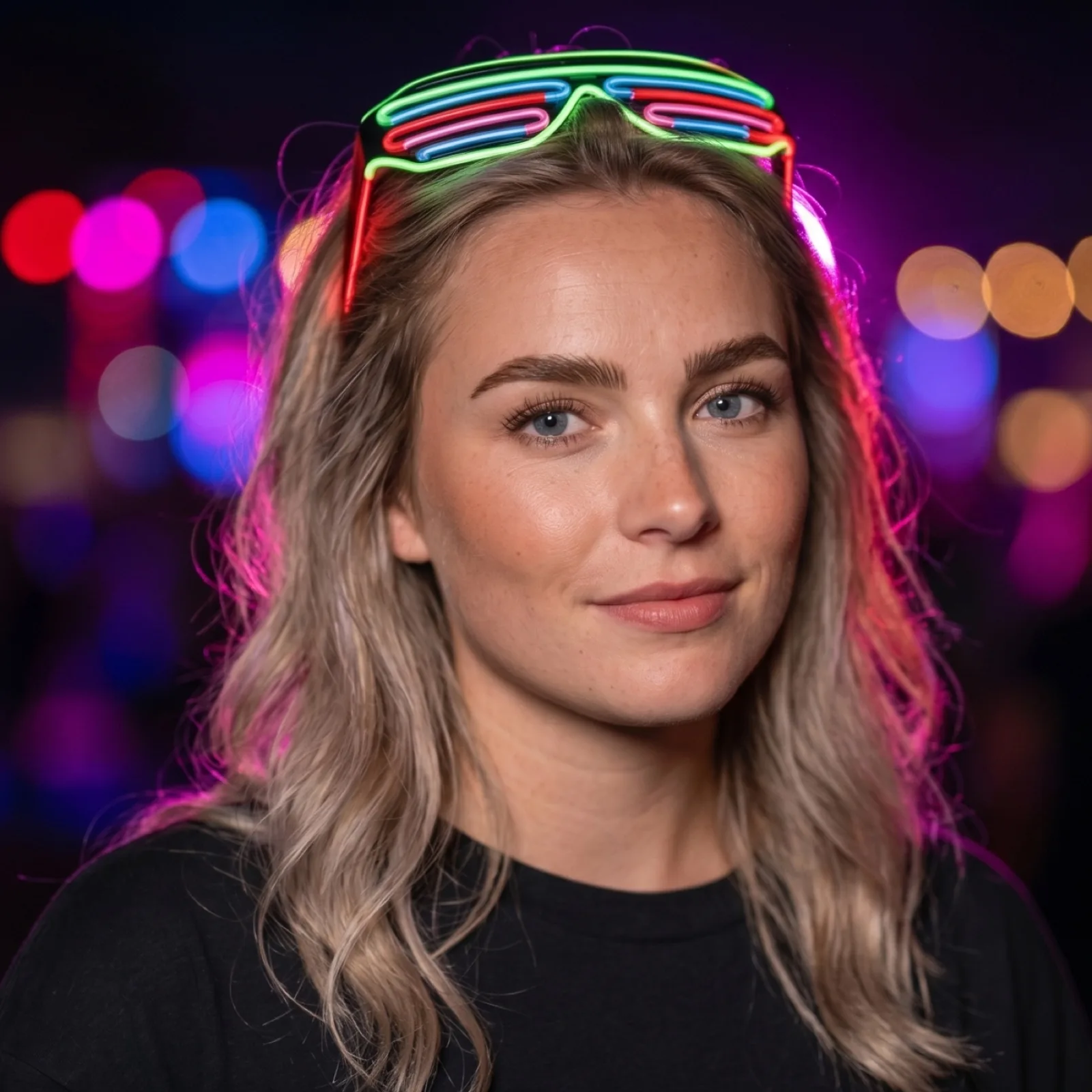 Model draagt Multicolor LED Feestbril ALL Colors