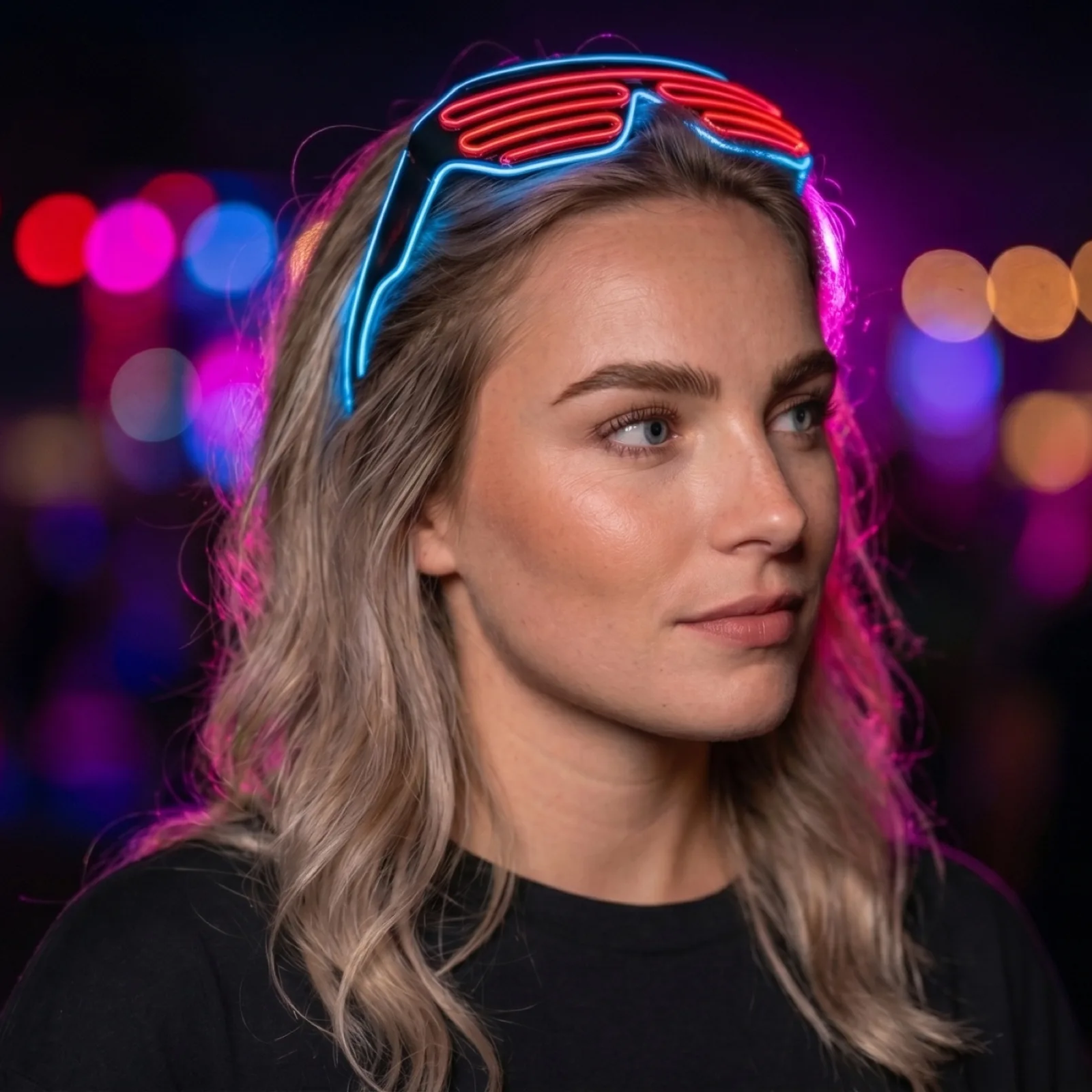 Model draagt Multicolor LED Feestbril Blauw-Rood