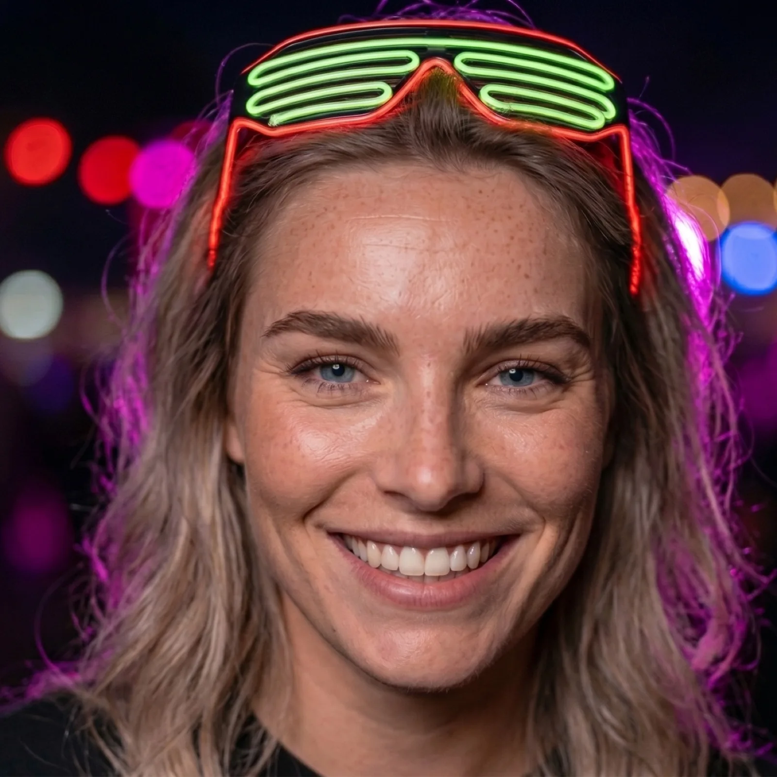 Model draagt Multicolor LED Feestbril Rood-Groen