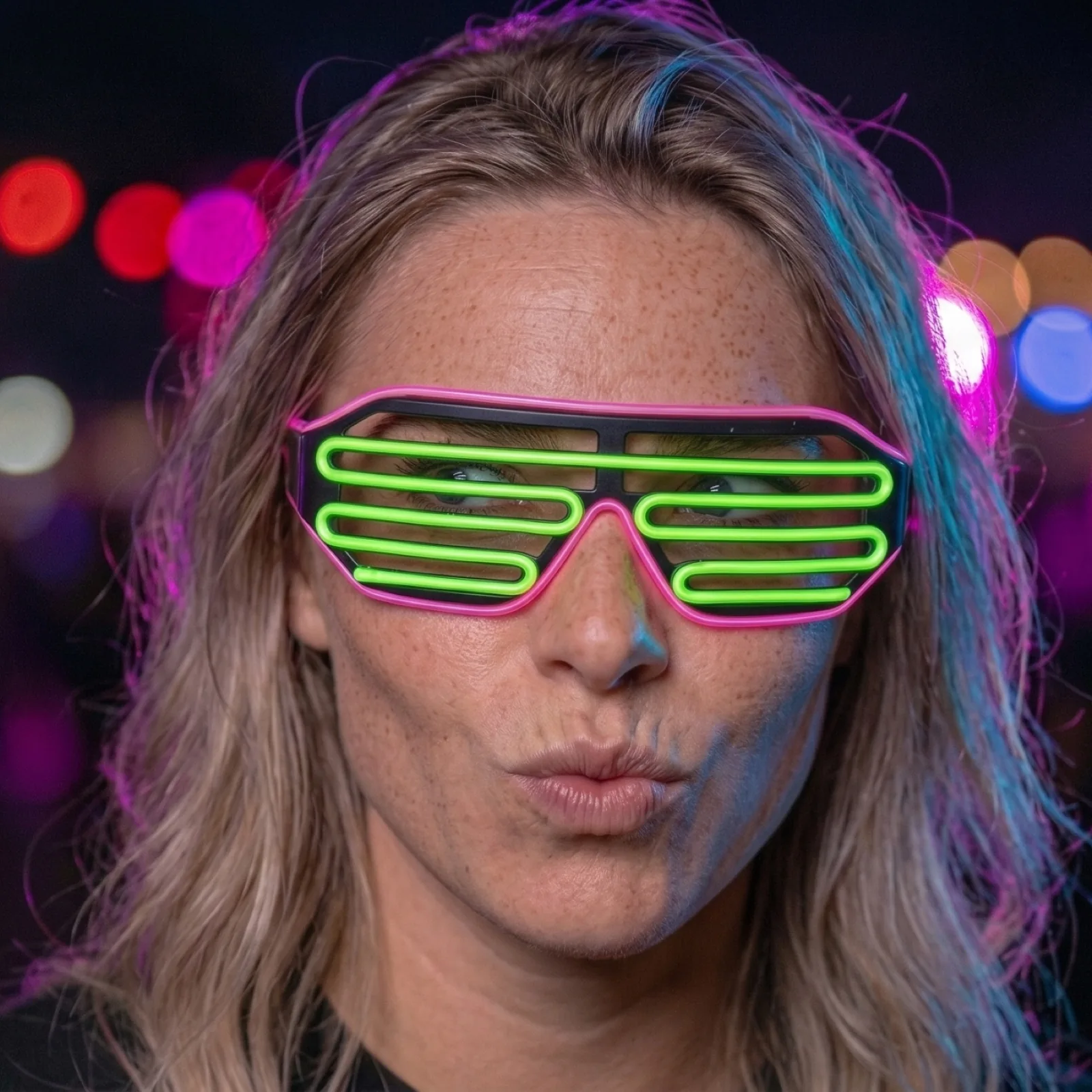 Multicolor LED Feestbril Roze-Groen gedragen door model